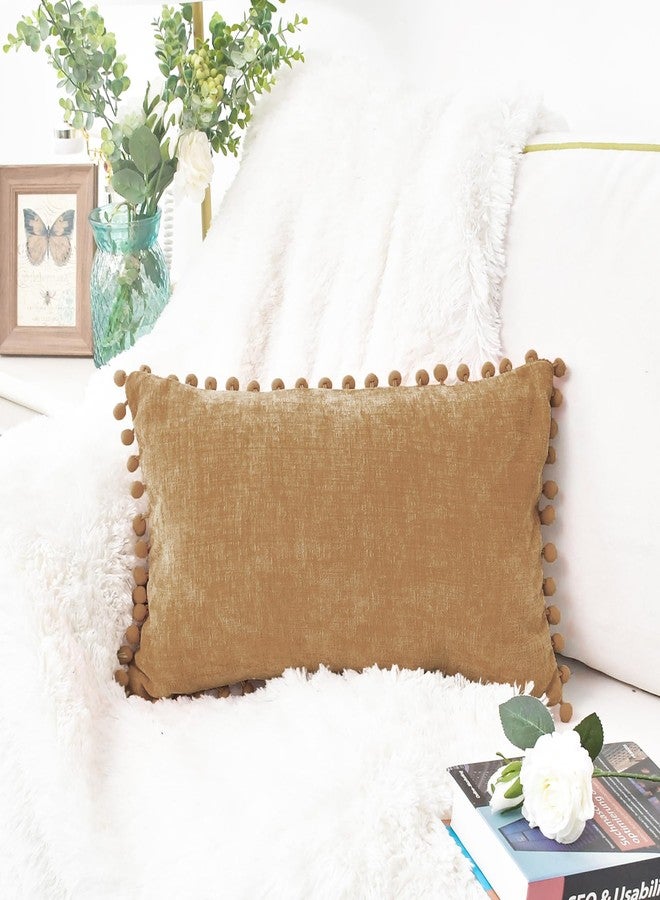 CaliTime أغطية وسائد كاليتايم الزخرفية 20 × 12 بوصة عبوة من 2 حالات وسائد ناعمة مصبوغة بملمس شنيلا مع كرات بوم بوم للكنبة أو الأريكة أو السرير لغرفة المعيشة المنزلية بلون المشمش البني - Image 3