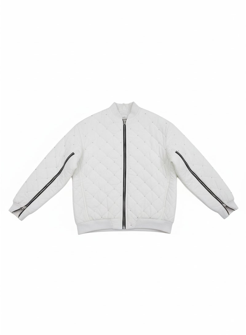 Teela Quilted White Bomber Jacket with Black Zippers, Ribbed Collar and Cuffs, Sleeve Zipper Details, and a Modern Relaxed Fit for Stylish Everyday Wear - Image 1