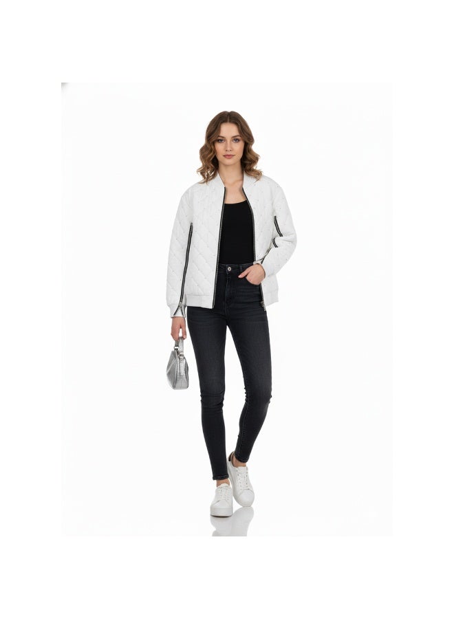 Teela Quilted White Bomber Jacket with Black Zippers, Ribbed Collar and Cuffs, Sleeve Zipper Details, and a Modern Relaxed Fit for Stylish Everyday Wear - Image 3
