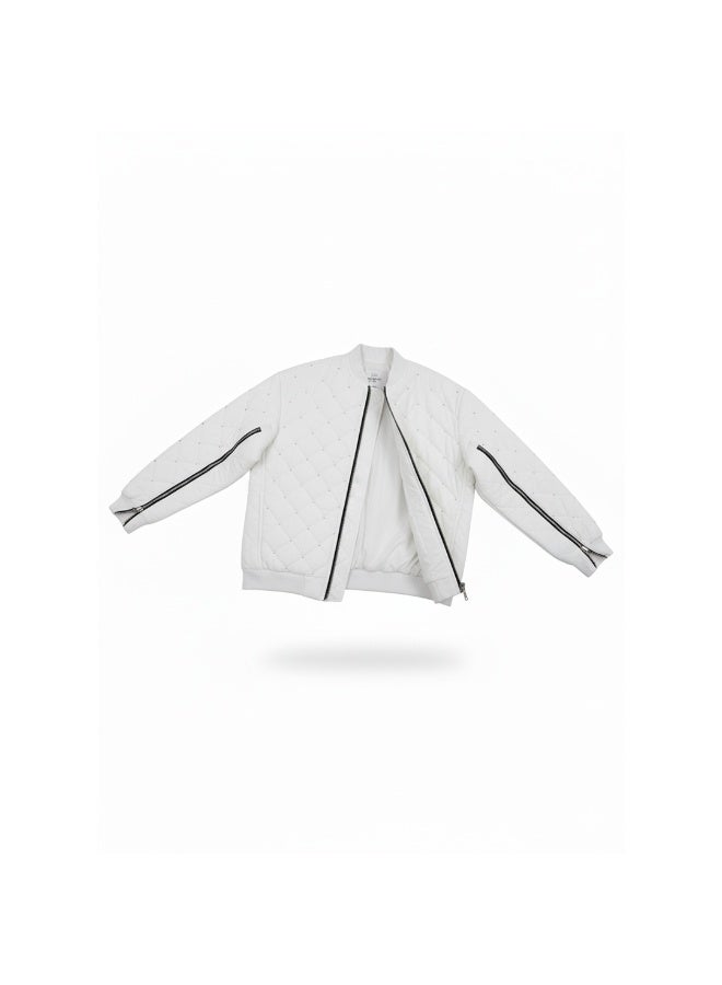 Teela Quilted White Bomber Jacket with Black Zippers, Ribbed Collar and Cuffs, Sleeve Zipper Details, and a Modern Relaxed Fit for Stylish Everyday Wear - Image 2