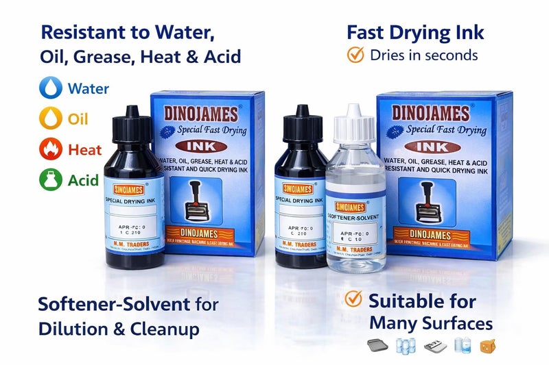 Dinojames Fast Drying Black Ink with Solvent (100 ml) – Anti-Freeze, Quick Dry, Permanent Batch Coding Ink for Plastic, Metal, Glass – Pack of 2 - Image 2
