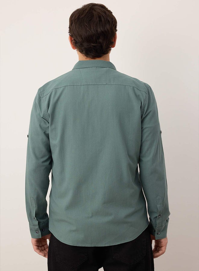 trendyol Dark Green Button-down Collar Epaulette Slim Fit Long Sleeve 100% Cotton Linen Look Shirt - Image 4