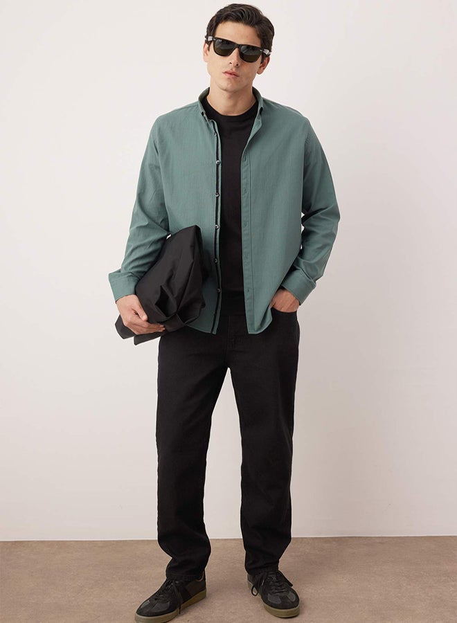trendyol Dark Green Button-down Collar Epaulette Slim Fit Long Sleeve 100% Cotton Linen Look Shirt - Image 1