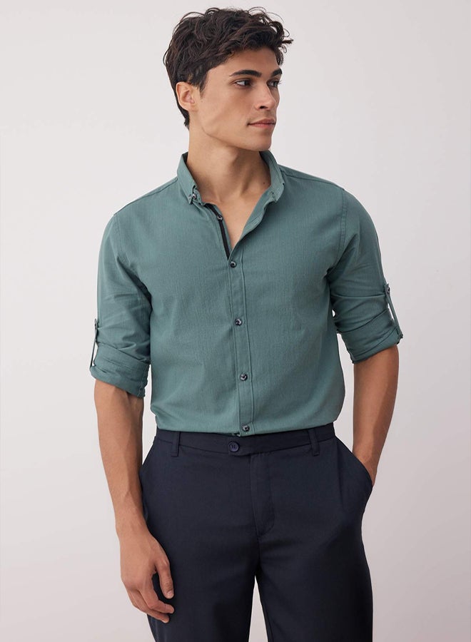 trendyol Dark Green Button-down Collar Epaulette Slim Fit Long Sleeve 100% Cotton Linen Look Shirt - Image 5