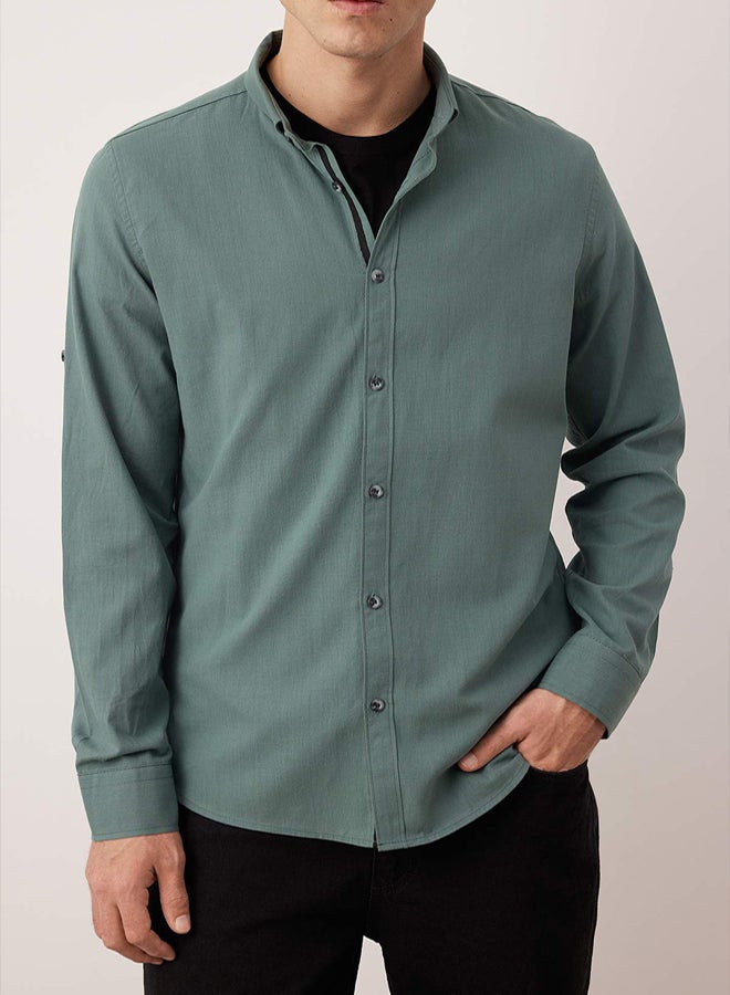 trendyol Dark Green Button-down Collar Epaulette Slim Fit Long Sleeve 100% Cotton Linen Look Shirt - Image 3