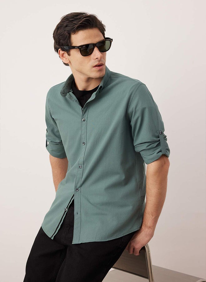 trendyol Dark Green Button-down Collar Epaulette Slim Fit Long Sleeve 100% Cotton Linen Look Shirt - Image 2