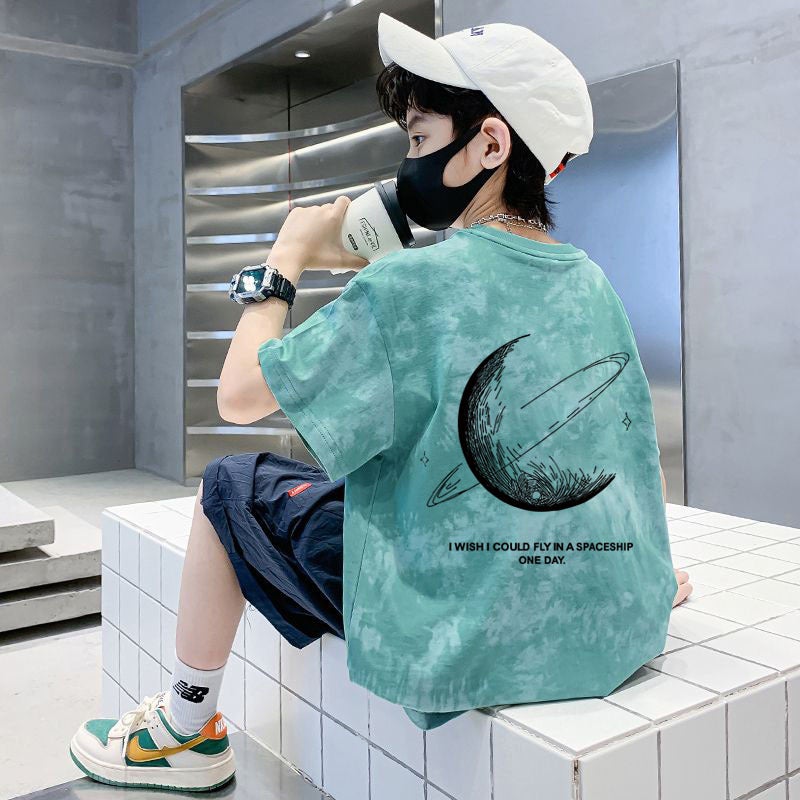 Children'S Tie-Dyed T-Shirt Top Boy'S Pure Cotton Summer T-Shirt Short-Sleeved Loose Summer Printed Casual All-Match Round Neck - Image 1