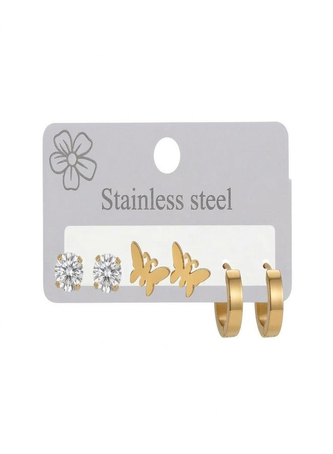 Dbell Stainless Steel Gold Plated Earrings Set for Women & Girls | Anti Tarnish Waterproof Jewellery | Butterfly, Crystal Stud & Hoop Earrings | Trendy Minimal Wear | 3 Pair Combo - Image 5