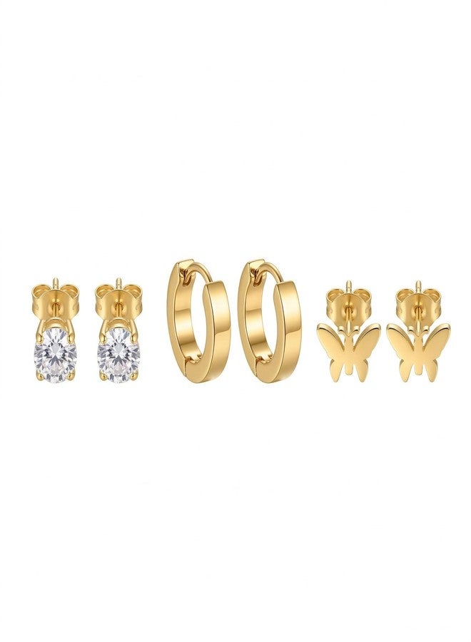 Dbell Stainless Steel Gold Plated Earrings Set for Women & Girls | Anti Tarnish Waterproof Jewellery | Butterfly, Crystal Stud & Hoop Earrings | Trendy Minimal Wear | 3 Pair Combo - Image 1
