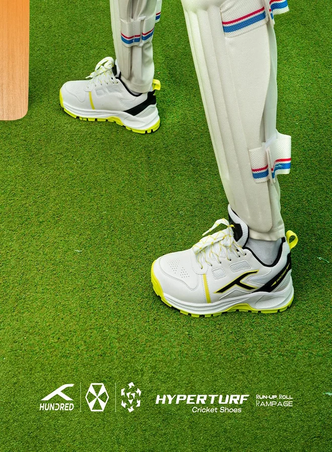HUNDRED Hyperturf Cricket Shoes | Terraspike Rubber Studs | Embedded Support Plate For Stability | Lightweight & Durable | Ideal For Turf, Ground & Hard Surfaces (White/Lime/Black ; Uk 1)