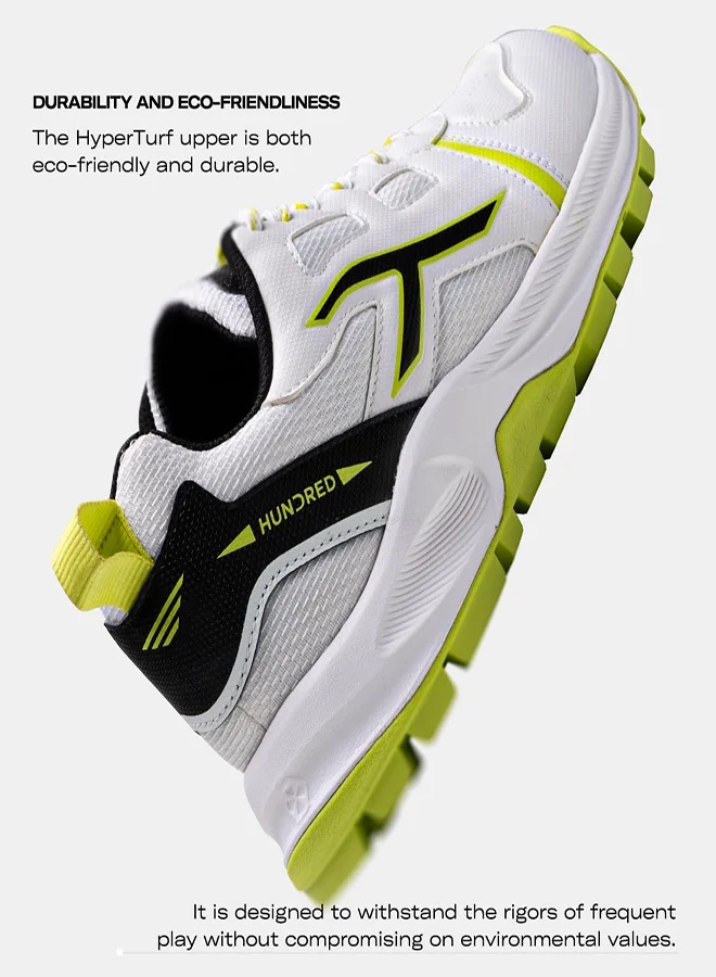 HUNDRED Hyperturf Cricket Shoes | Terraspike Rubber Studs | Embedded Support Plate For Stability | Lightweight & Durable | Ideal For Turf, Ground & Hard Surfaces (White/Lime/Black ; Uk 1)