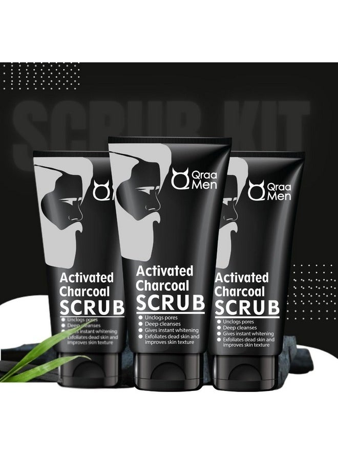 Qraa Men Activated Bamboo Charcoal Scrub With Essential Oils | For Deep Pore Cleansing | Glowing Skin |Removes Dirt & Impurities | Suitable For Men Of All Skin Types (100Gm*3) Pack Of 3  - Image 1