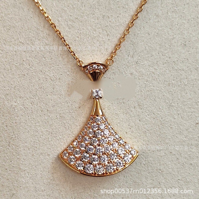 Baojia Small Fan Necklace - 18K Rose Gold, White Mother-of-Pearl & Red Chalcedony, Geometric Design, Lightweight Luxury