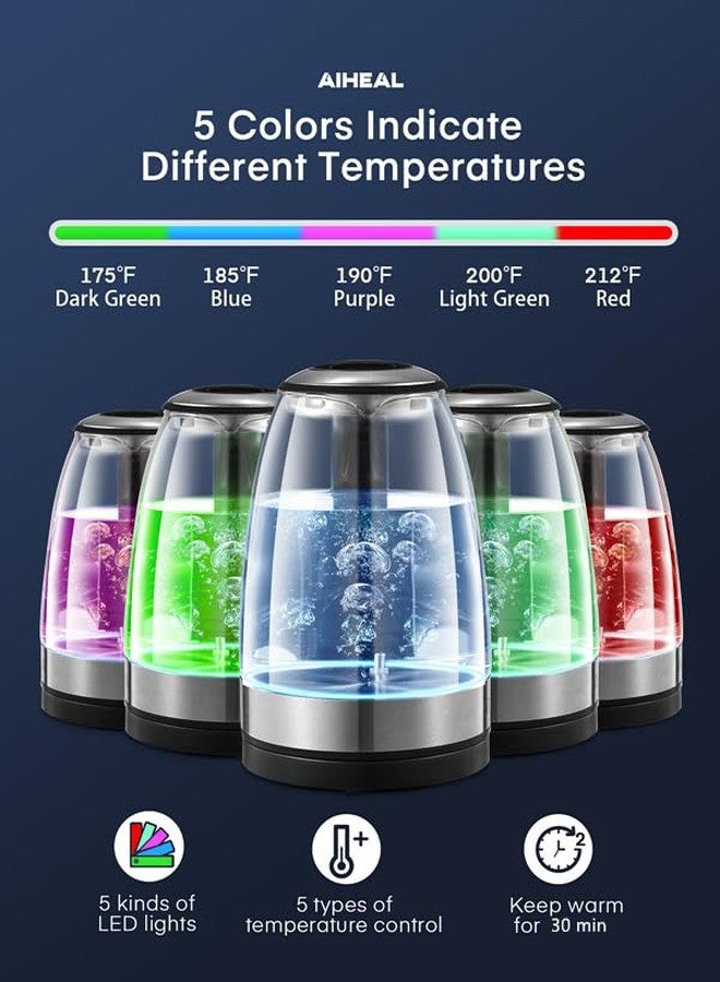 Aiheal غلاية كهربائية، غلاية زجاجية من آيهيل، تحكم في درجة الحرارة مع إضاءة LED بخمسة ألوان قابلة للتعديل، تحافظ على دفء الماء، غليان سريع، غطاء داخلي وقاعدة من الفولاذ المقاوم للصدأ، سعة 1.7 لتر - Image 3