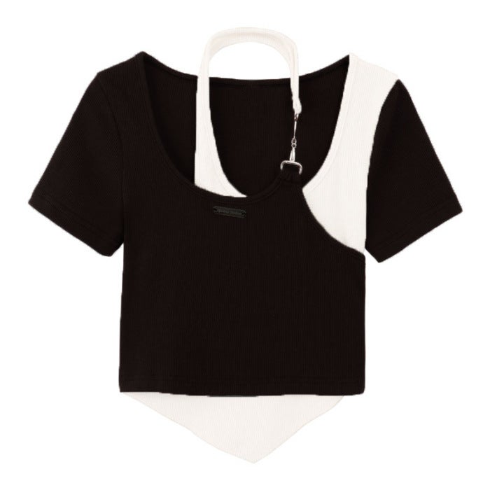 Chic Asymmetrical Two-Piece Tee Summer Crop Top Black - Image 1