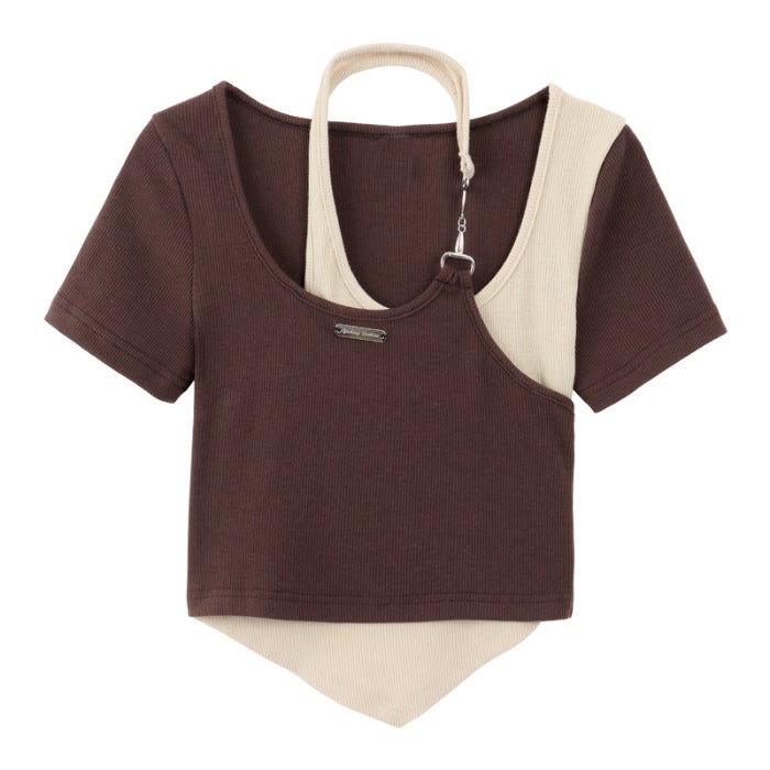 Chic Asymmetrical Two-Piece Tee Summer Crop Top Black - Image 2