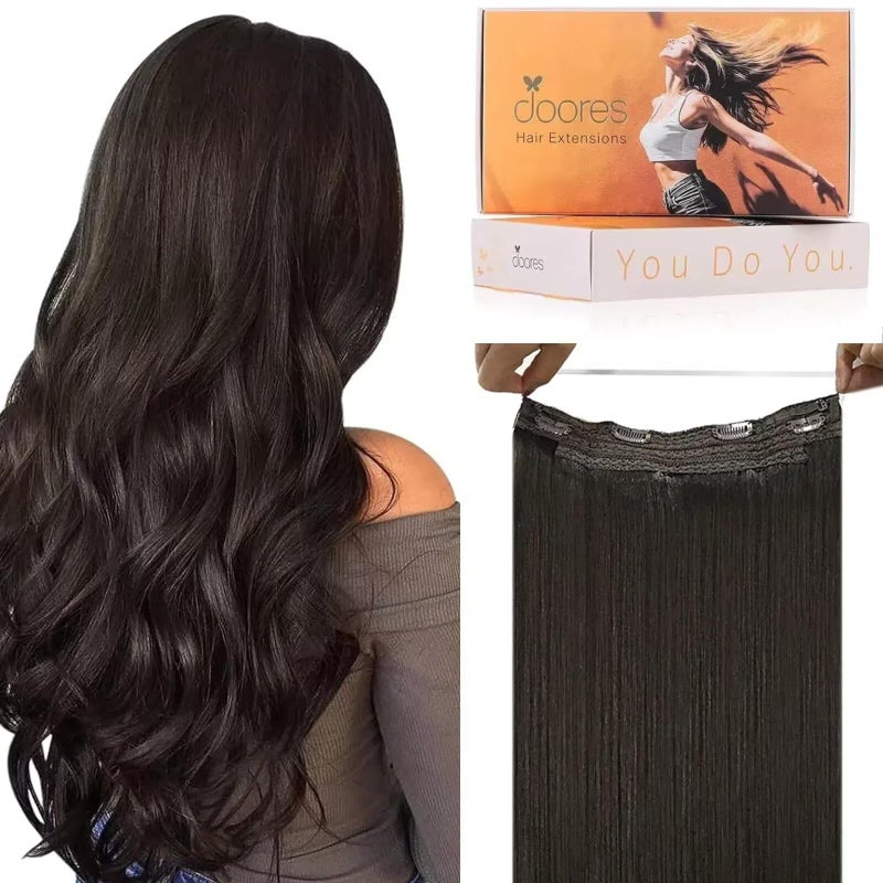 DOORES Wire Hair Extensions 14 Inch 75g Remy Human Wire Hair Extensions Invisible Transparent Line Adjustable Hairpieces Secret Extensions Straight Hair Dark Brown