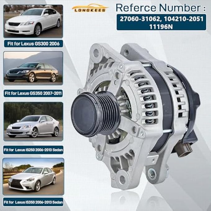 LONGKEES 11196 Alternator FIT 2006 Lexus GS300, 20072011 GS350, 20102013 IS250 IS350 Sedan/Convertible Replace OE# 27060-31062, 104210-2051, 11196N - Image 2