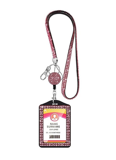 Rhinestone ID Badge Holder with Lanyard, ID Badge Card Holder with Clear ID Window, Retractable Badge Reel and Neck Lanyard (Pink)