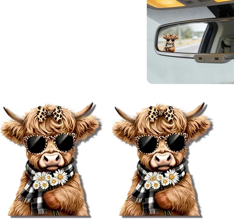 DoYoMo 2Pack Highland Cow Car Mirror Decal - Cute Moo-tivational Rear View Mirror Sticker,Waterproof Vinyl Car Decals,Cows Car Accessories Decor,Highland Cow Lovers Gifts for Women Men - Image 1