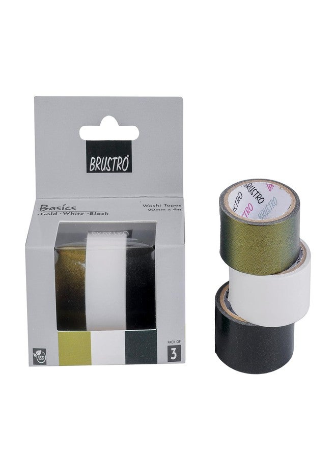 BRUSTRO Washi Masking Tapes Basics Shade - Pearl White, Pearl Black & Antique Gold, 20 mm x 4 Meters (Set of 3) - Image 1