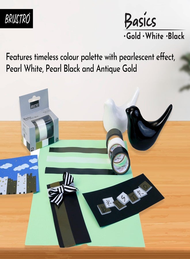 BRUSTRO Washi Masking Tapes Basics Shade - Pearl White, Pearl Black & Antique Gold, 20 mm x 4 Meters (Set of 3) - Image 5