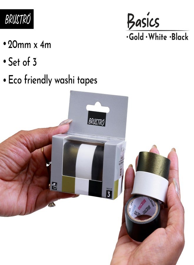 BRUSTRO Washi Masking Tapes Basics Shade - Pearl White, Pearl Black & Antique Gold, 20 mm x 4 Meters (Set of 3) - Image 4
