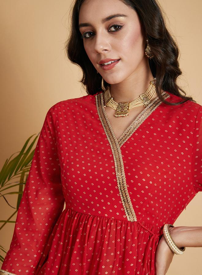 SASSAFRAS Spot Foil Print  Lace Trim Wrap Peplum Top - Image 4