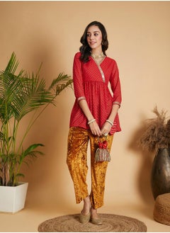SASSAFRAS Spot Foil Print  Lace Trim Wrap Peplum Top by Styli  - Image 2
