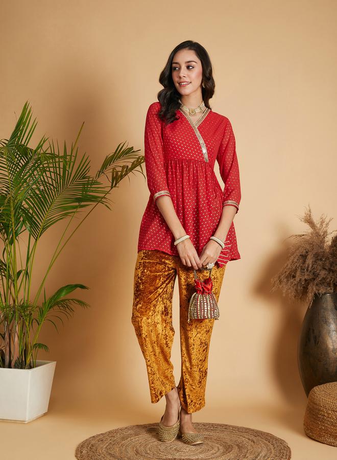 SASSAFRAS Spot Foil Print  Lace Trim Wrap Peplum Top - Image 2