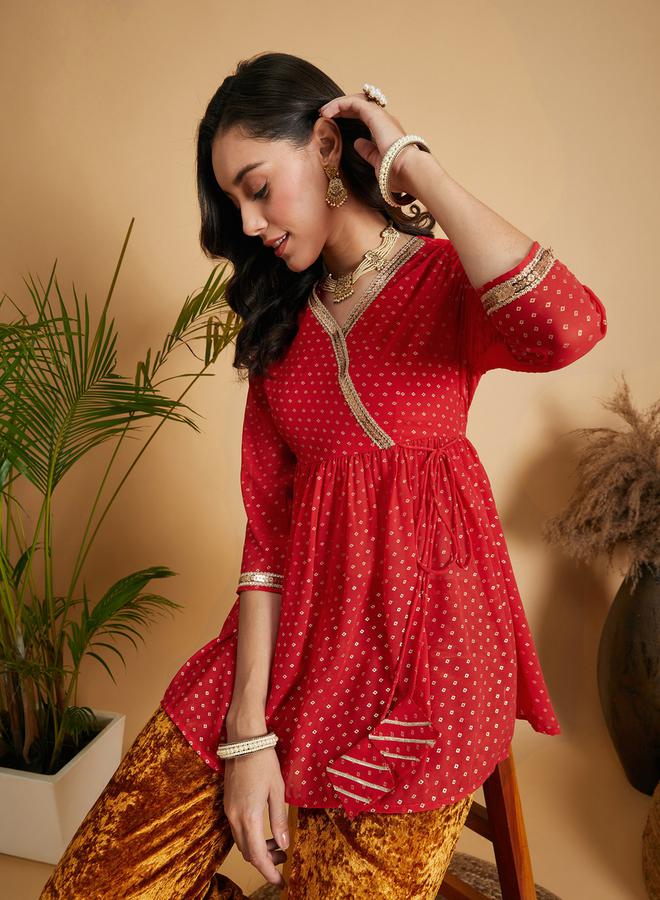 SASSAFRAS Spot Foil Print  Lace Trim Wrap Peplum Top - Image 3