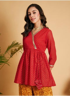 SASSAFRAS Spot Foil Print  Lace Trim Wrap Peplum Top by Styli  - Image 1