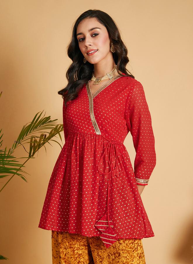 SASSAFRAS Spot Foil Print  Lace Trim Wrap Peplum Top - Image 1