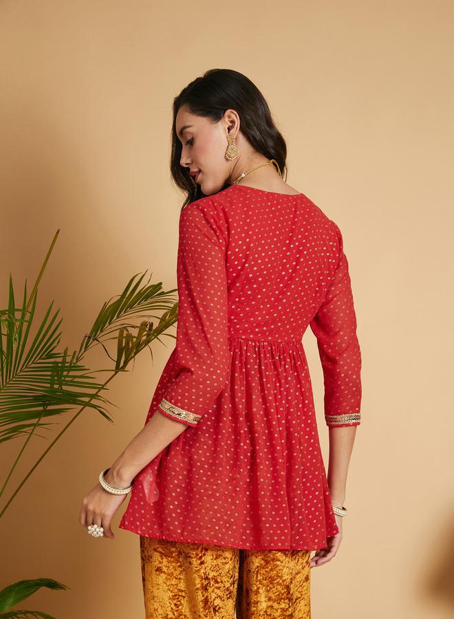 SASSAFRAS Spot Foil Print  Lace Trim Wrap Peplum Top - Image 5