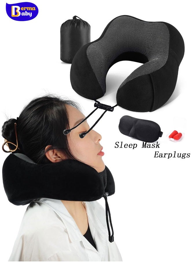 Berma Baby - Memory Foam Travel Pillow, Neck Pillow with 360-Degree Head Support, Comfortable and Lightweight, Ideal for Sleeping on Airplane, Car, Train, Bus and Home Use, Comes with Storage Bag, Sleep Mask and Earplugs Black - Image 1