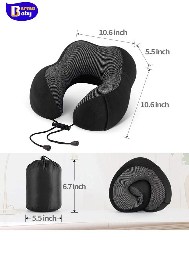 Berma Baby - Memory Foam Travel Pillow, Neck Pillow with 360-Degree Head Support, Comfortable and Lightweight, Ideal for Sleeping on Airplane, Car, Train, Bus and Home Use, Comes with Storage Bag, Sleep Mask and Earplugs Black - Image 1