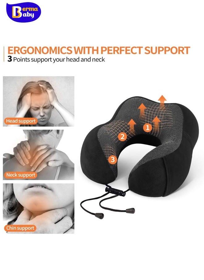 Berma Baby - Memory Foam Travel Pillow, Neck Pillow with 360-Degree Head Support, Comfortable and Lightweight, Ideal for Sleeping on Airplane, Car, Train, Bus and Home Use, Comes with Storage Bag, Sleep Mask and Earplugs Black - Image 1
