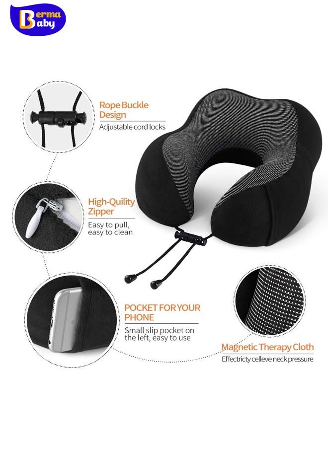 Berma Baby - Memory Foam Travel Pillow, Neck Pillow with 360-Degree Head Support, Comfortable and Lightweight, Ideal for Sleeping on Airplane, Car, Train, Bus and Home Use, Comes with Storage Bag, Sleep Mask and Earplugs Black - Image 1