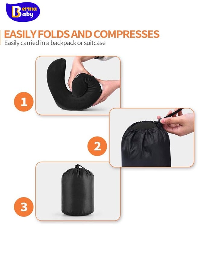 Berma Baby - Memory Foam Travel Pillow, Neck Pillow with 360-Degree Head Support, Comfortable and Lightweight, Ideal for Sleeping on Airplane, Car, Train, Bus and Home Use, Comes with Storage Bag, Sleep Mask and Earplugs Black - Image 1