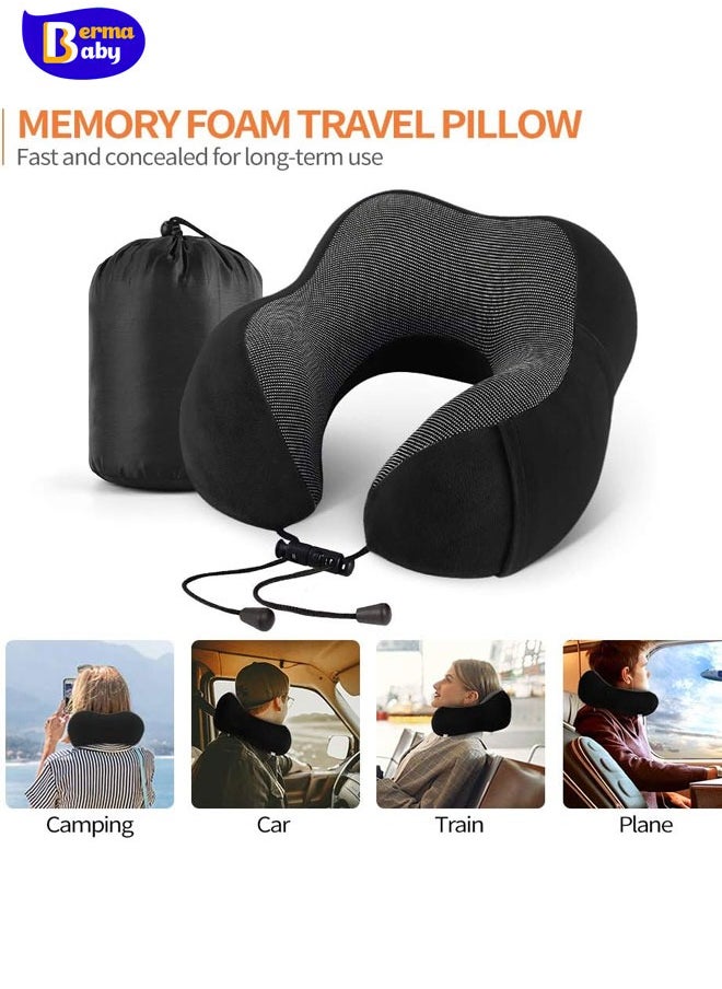 Berma Baby - Memory Foam Travel Pillow, Neck Pillow with 360-Degree Head Support, Comfortable and Lightweight, Ideal for Sleeping on Airplane, Car, Train, Bus and Home Use, Comes with Storage Bag, Sleep Mask and Earplugs Black - Image 1