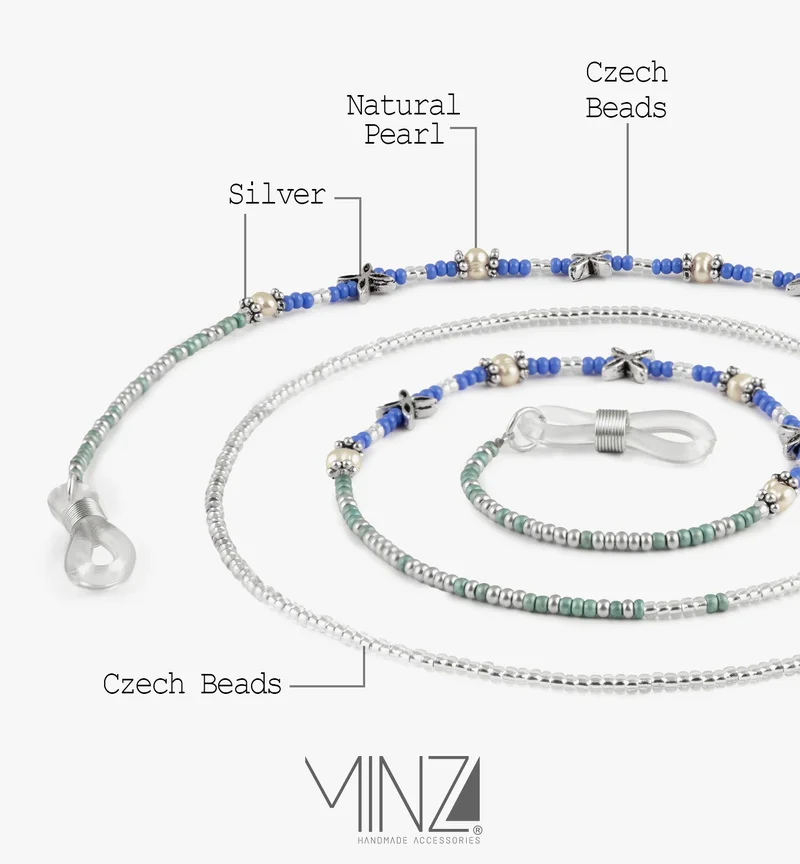 Minza  Minza “Wave” Women’s Eyewear Chain, Czech Beads, Natural Pearl & Silver Accents, Handmade Blue Glasses Chain for Sunglasses & Eyeglasses, Elegant Feminine Eyewear Accessory. for Women | Best Price UAE