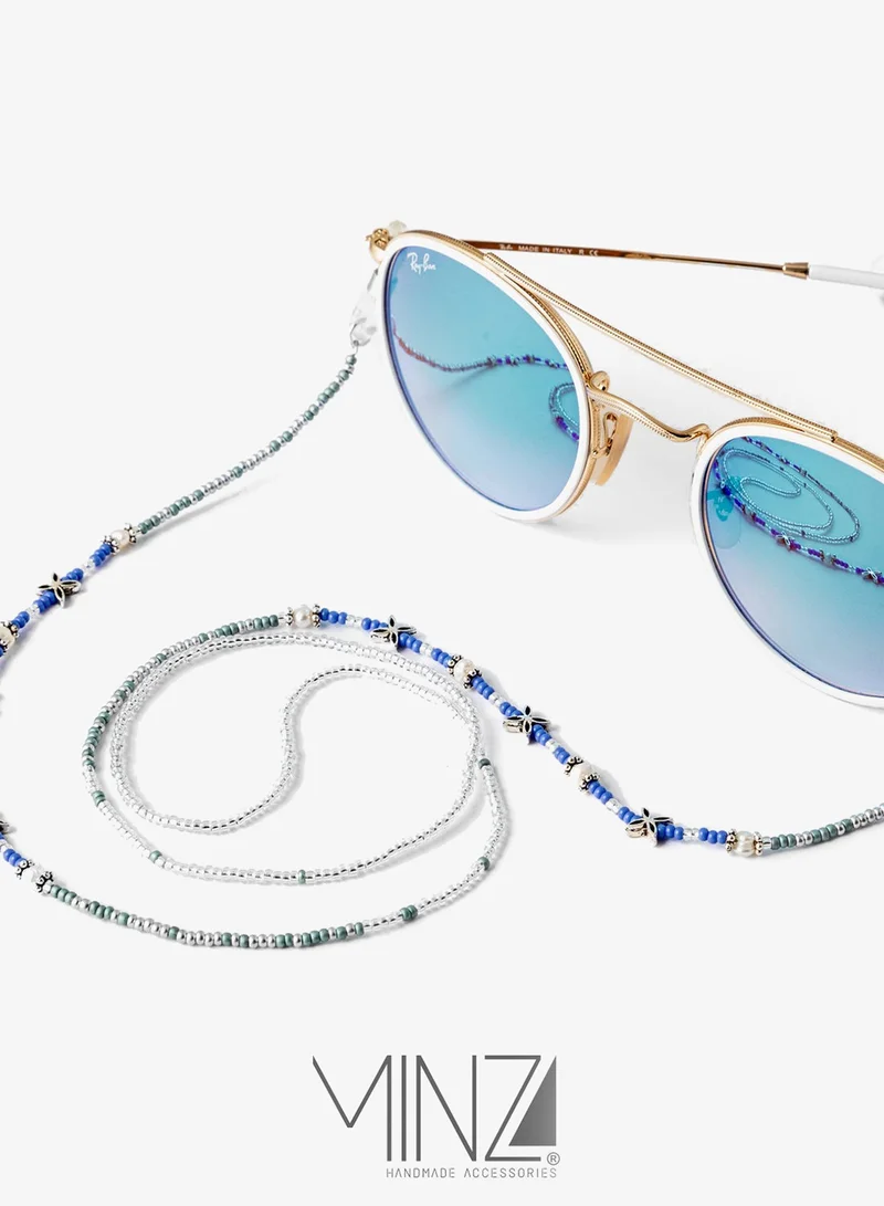 Minza Minza “Wave” Women’s Eyewear Chain, Czech Beads, Natural Pearl & Silver Accents, Handmade Blue Glasses Chain for Sunglasses & Eyeglasses, Elegant Feminine Eyewear Accessory.