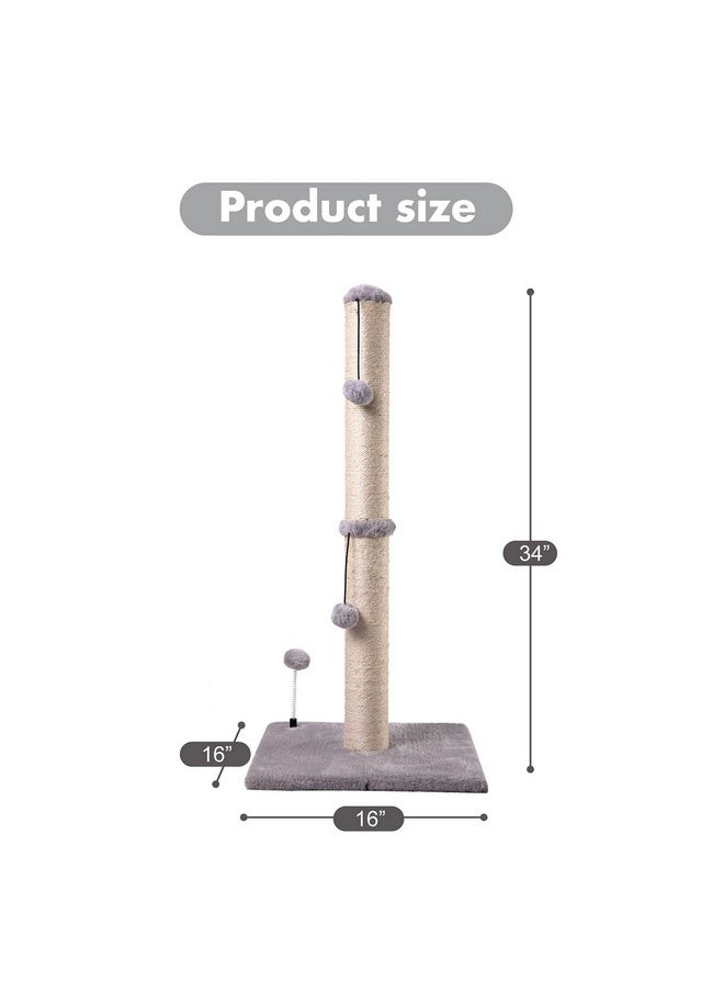 MECOOL MECOOL 34“ Tall Cat Scratching Post Premium Basics Kitten Scratcher Sisal Scratch Posts Trees with Hanging Ball for Indoor Cats, Gray  - Image 4