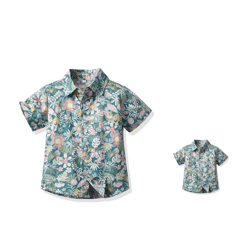 Summer Family Wear Flower Short-Sleeved Cotton Shirt Lapel Beach Vacation Parent-Child Trendy Versatile Printed Casual Cardigan - Image 1