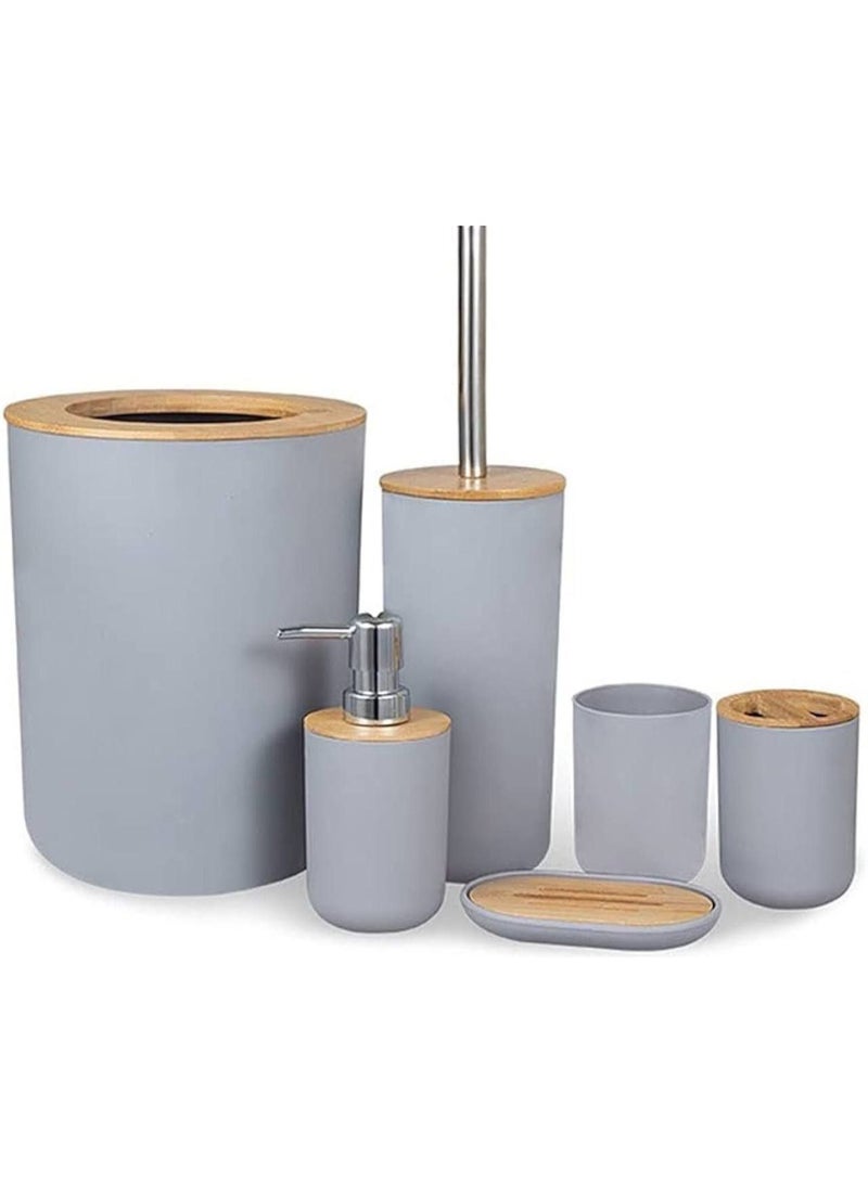 طقم إكسسوارات حمام كامل 6 قطع - رمادي مطفي مع خشب البامبو الطبيعي