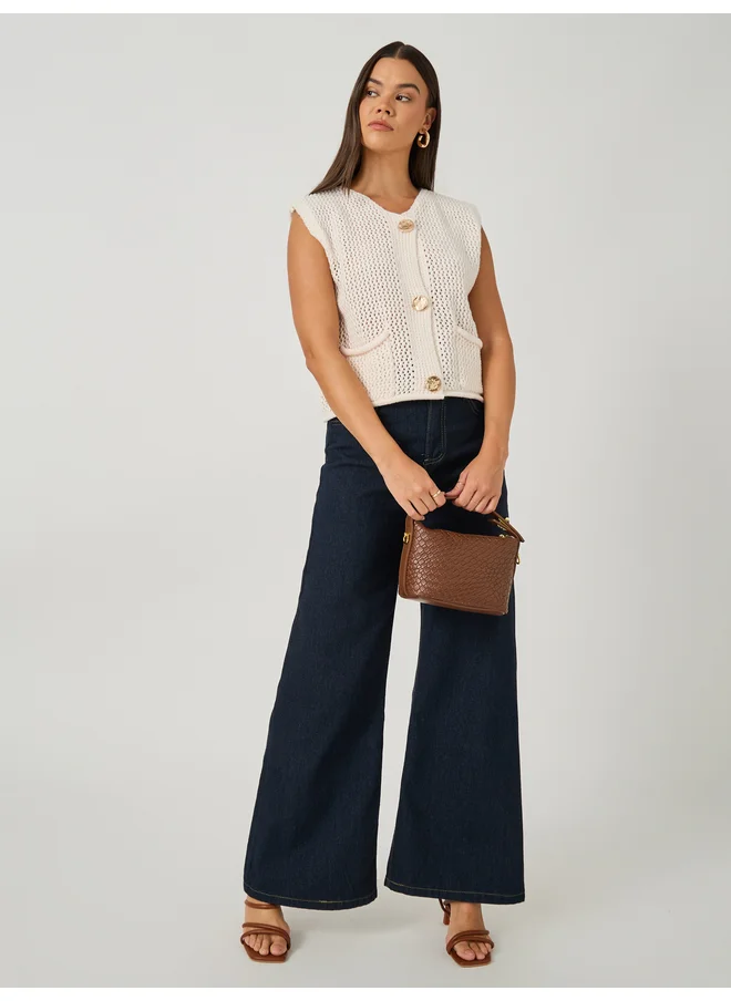 Styli Styli Open Knit Sleeveless Button Front Top