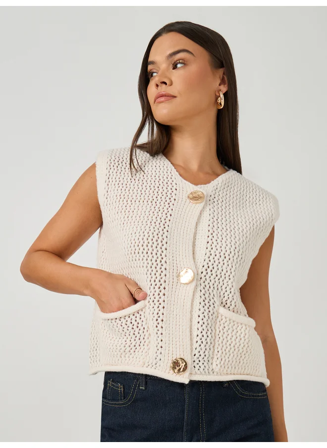 Styli Styli Open Knit Sleeveless Button Front Top