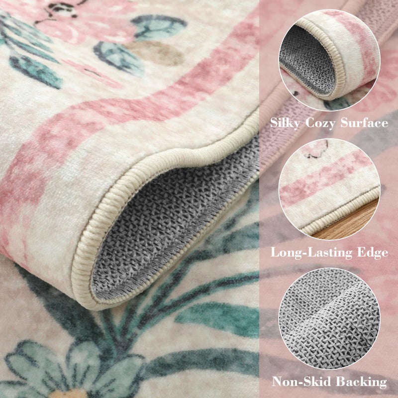 Wonnitar Pink Rugs for Nursery, 5x7 Washable Rug for Bedroom Girls, Boho Soft Floral Carpet Non Slip, Indoor Ultra-Thin Floor Carpet for Baby Kids Room Living Room Dorm Decor - Image 5