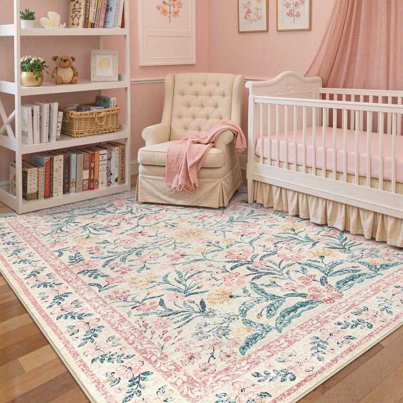 Wonnitar Pink Rugs for Nursery, 5x7 Washable Rug for Bedroom Girls, Boho Soft Floral Carpet Non Slip, Indoor Ultra-Thin Floor Carpet for Baby Kids Room Living Room Dorm Decor - Image 1