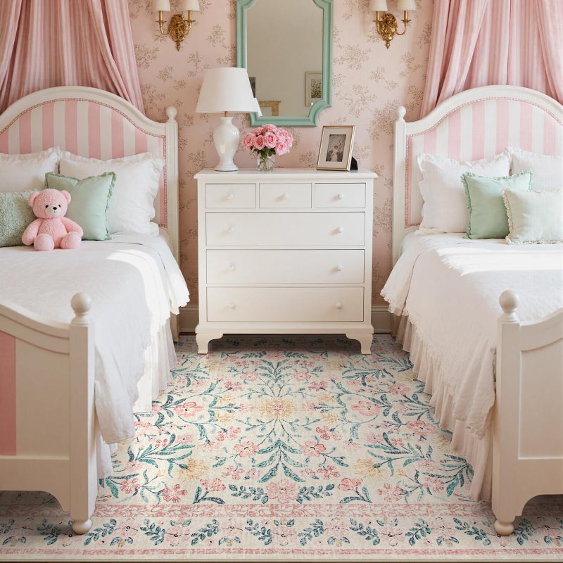 Wonnitar Pink Rugs for Nursery, 5x7 Washable Rug for Bedroom Girls, Boho Soft Floral Carpet Non Slip, Indoor Ultra-Thin Floor Carpet for Baby Kids Room Living Room Dorm Decor - Image 2